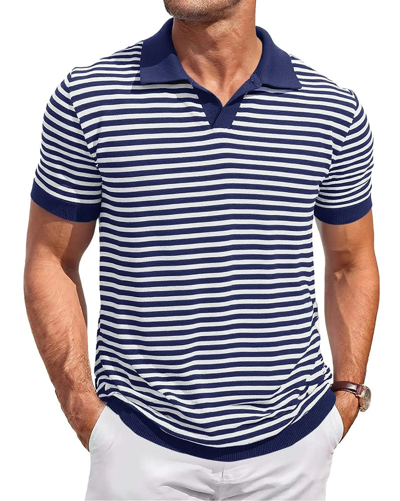 Męska koszulka polo w paski color block z krótkim rękawem, widok z przodu