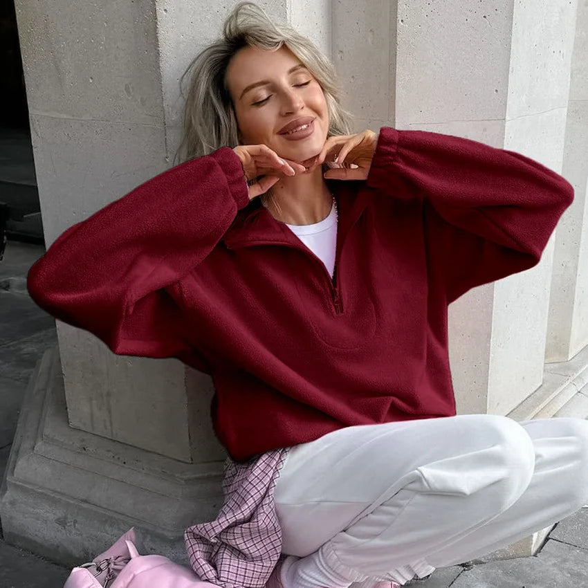 Damska bluza z polaru z kołnierzem typu stojak i zamkiem, luźna sweatshirt