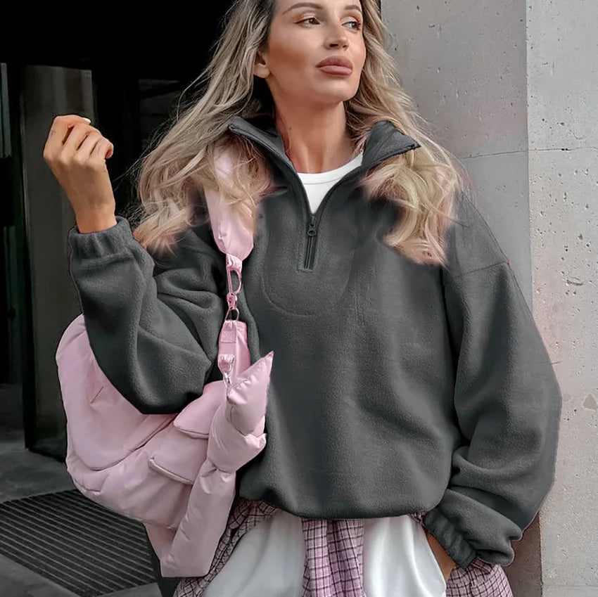 Damska bluza z polaru z kołnierzem typu stojak i zamkiem, luźna sweatshirt