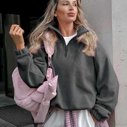 Damska bluza z polaru z kołnierzem typu stojak i zamkiem, luźna sweatshirt
