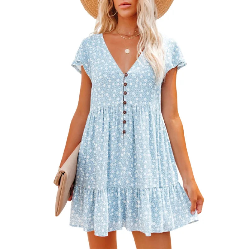 Letnia sukienka damska w kwiaty z dekoltem w serek, rozkloszowana, boho, mini
