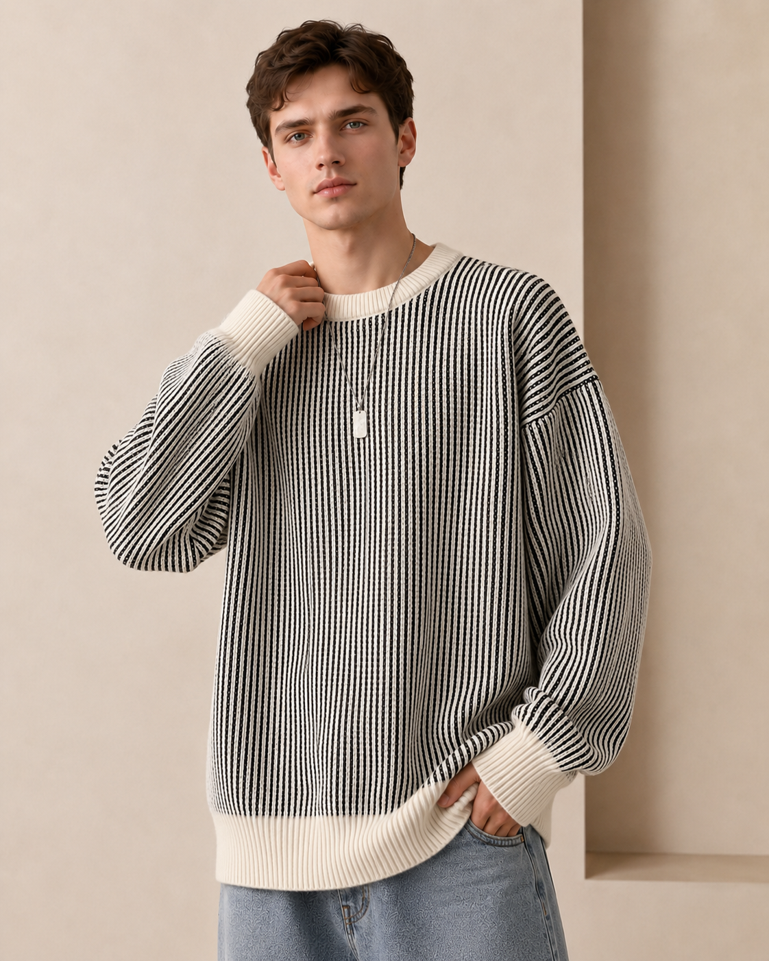 Sweter O Luźnym Kroju Z Teksturą W Paski