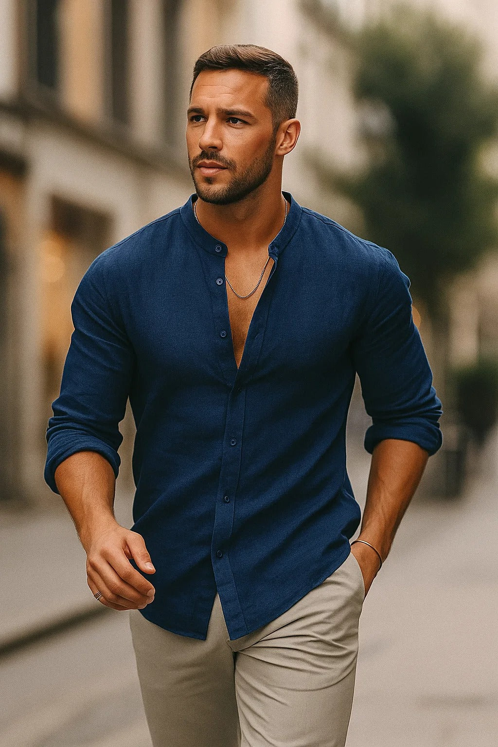 Męska lniana koszula casual z długim rękawem
