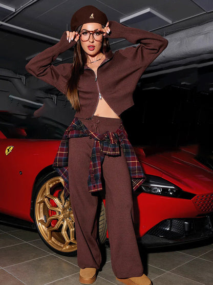 Damski Dzianinowy Komplet Loungewear Z Szerokimi Nogawkami