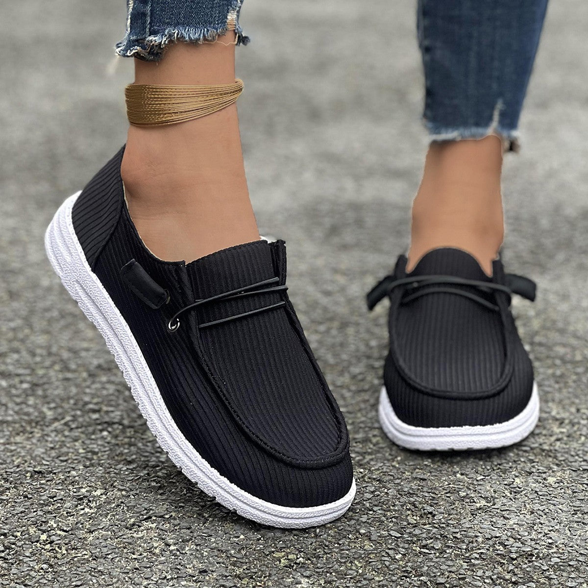 Damskie Sneakersy Wsuwane Z Prążkowanym Tekstylnym Materiałem