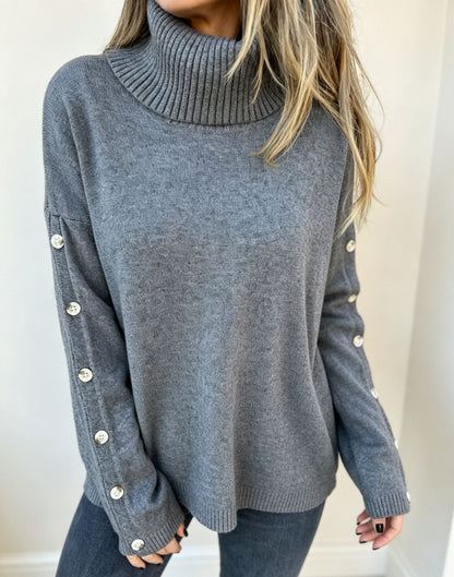 Damski Sweter Oversize Z Golfem I Guzikami