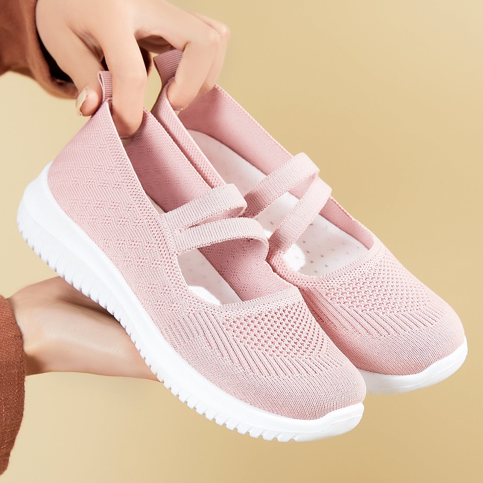Damskie dzianinowe sneakersy Mary Jane Slip On z elastycznymi paskami