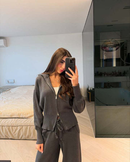 Damski Dzianinowy Komplet Loungewear Z Szerokimi Nogawkami