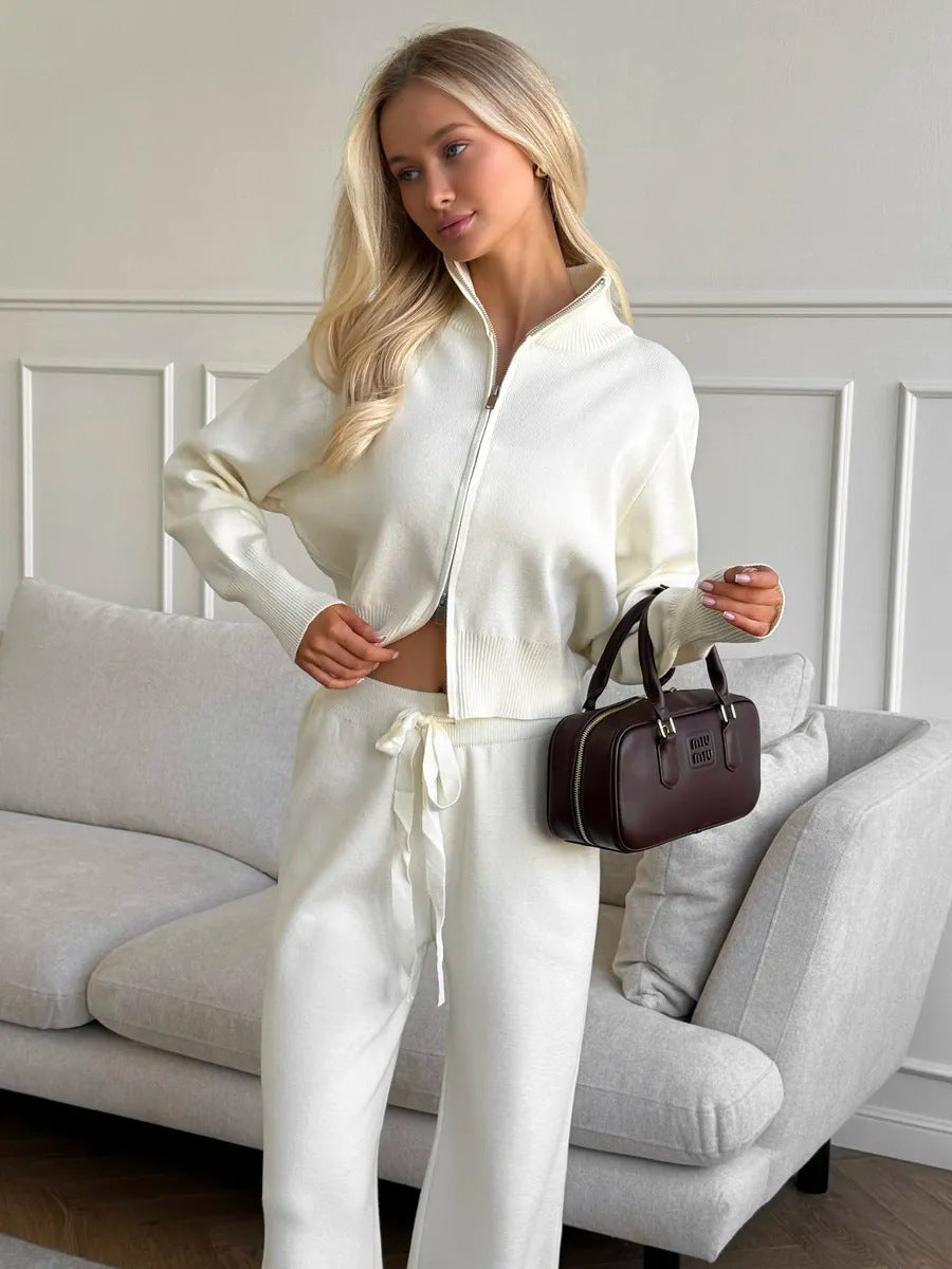 Damski Dzianinowy Komplet Loungewear Z Szerokimi Nogawkami