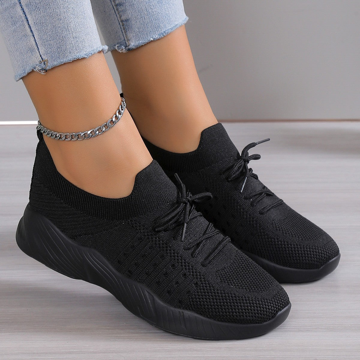 Damskie Dzianinowe Sneakersy Wsuwane Z Falistą Podeszwą