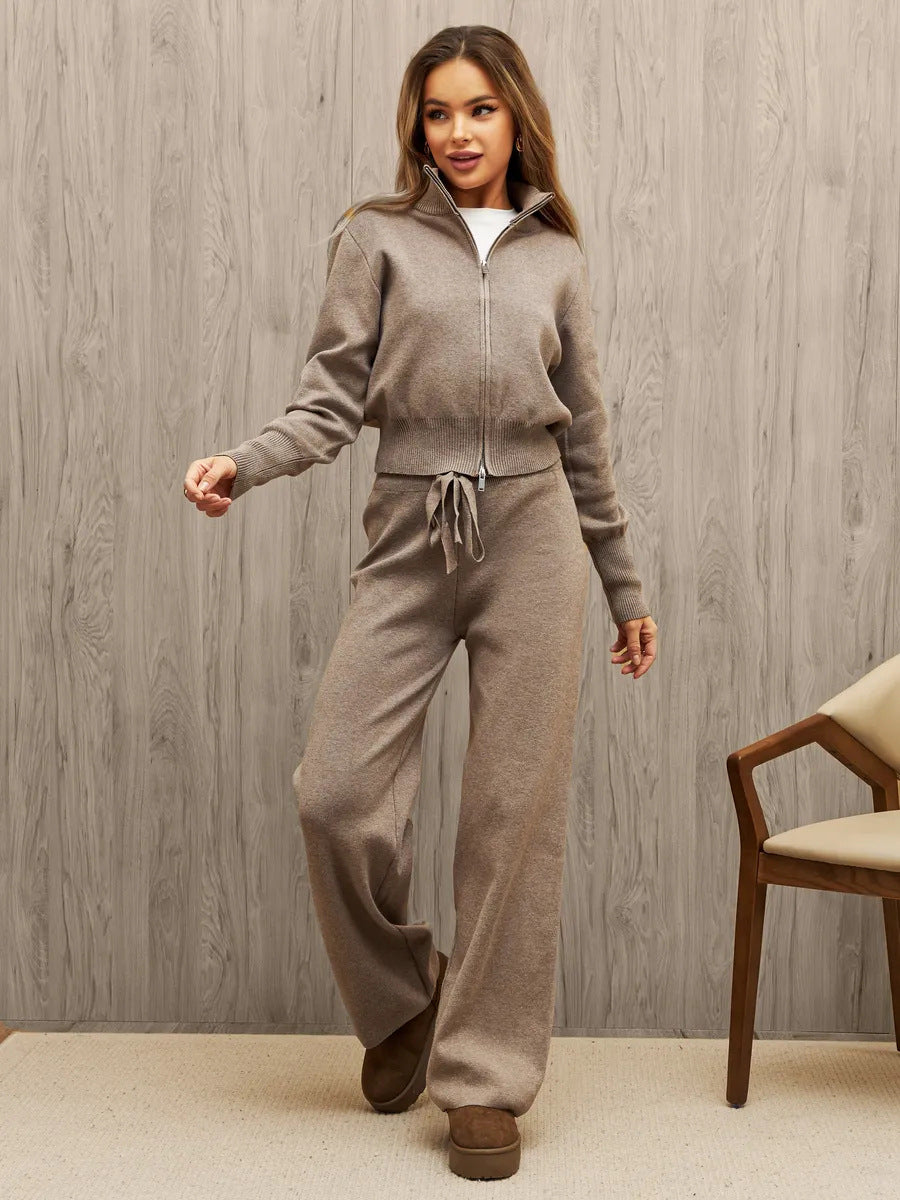 Damski Dzianinowy Komplet Loungewear Z Szerokimi Nogawkami