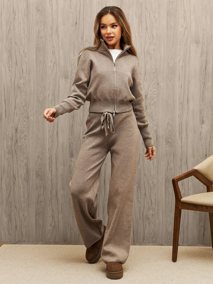 Damski Dzianinowy Komplet Loungewear Z Szerokimi Nogawkami