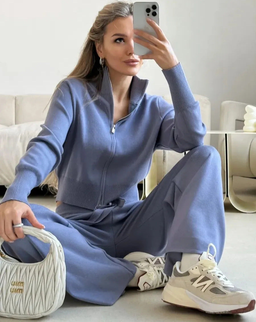 Damski Dzianinowy Komplet Loungewear Z Szerokimi Nogawkami