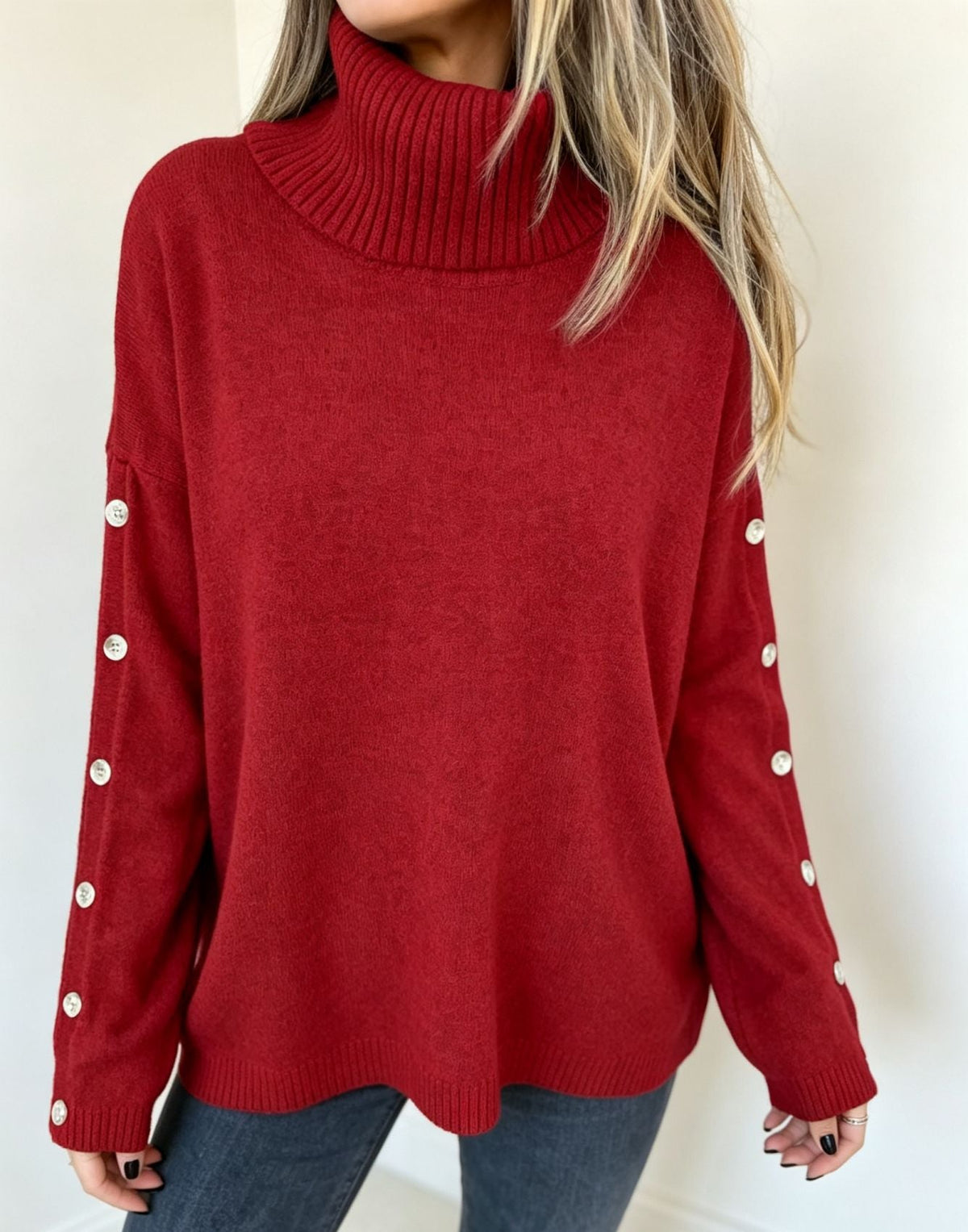 Damski Sweter Oversize Z Golfem I Guzikami
