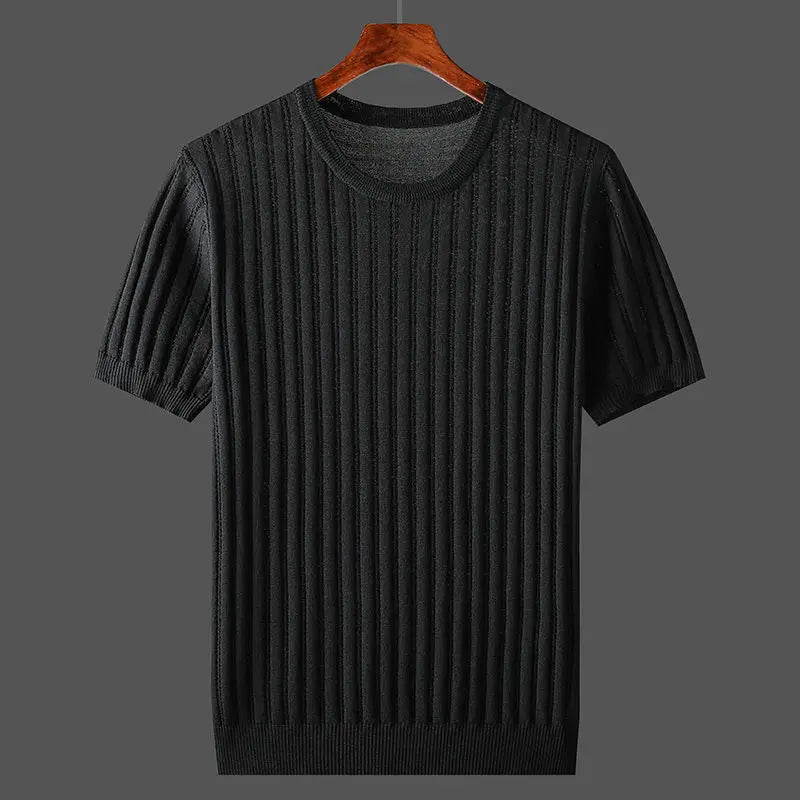 Męski t-shirt dzianinowy ze ściągaczem i okrągłym dekoltem z przodu