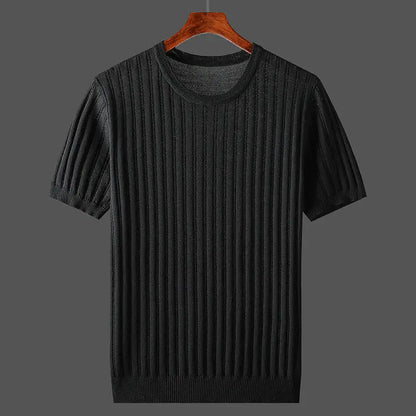Męski t-shirt dzianinowy ze ściągaczem i okrągłym dekoltem z przodu