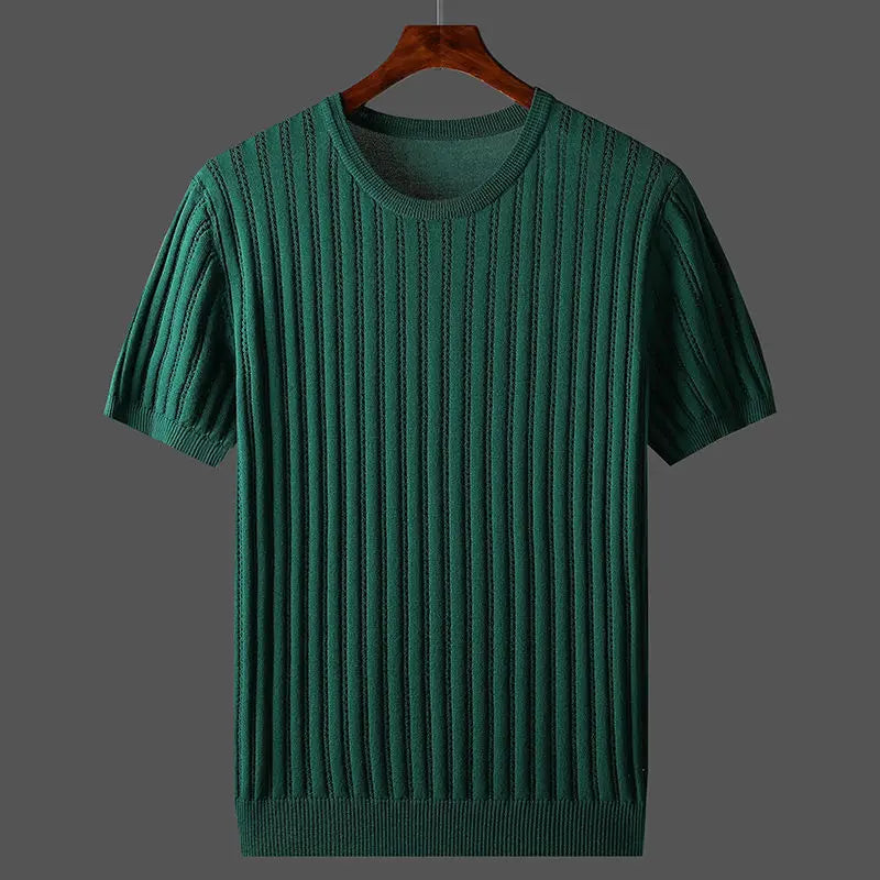 Męski T Shirt Dzianinowy Ze Ściągaczem I Okrągłym Dekoltem