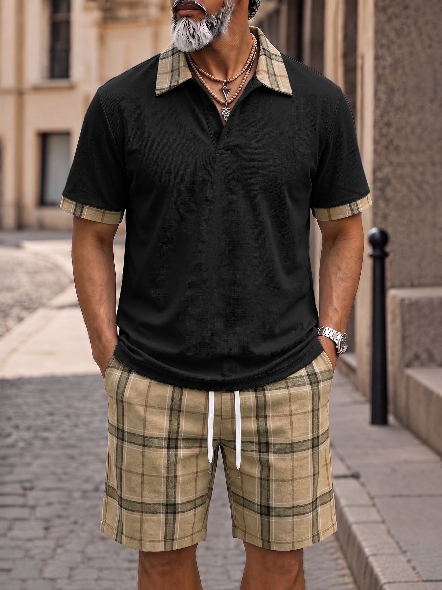 Męski Komplet Polo W Kratę Z Szortami Casual