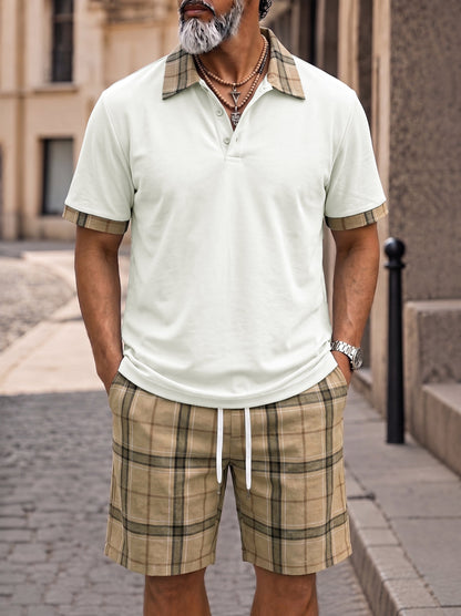 Męski Komplet Polo W Kratę Z Szortami Casual