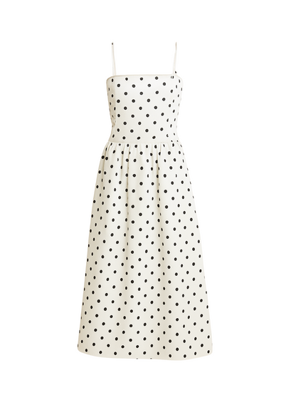 Sukienka midi w kropki czarno-biała na ramiączkach, letni model w stylu vintage