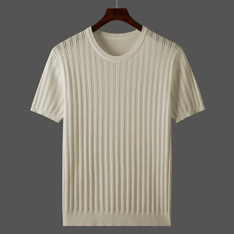 Męski T Shirt Dzianinowy Ze Ściągaczem I Okrągłym Dekoltem