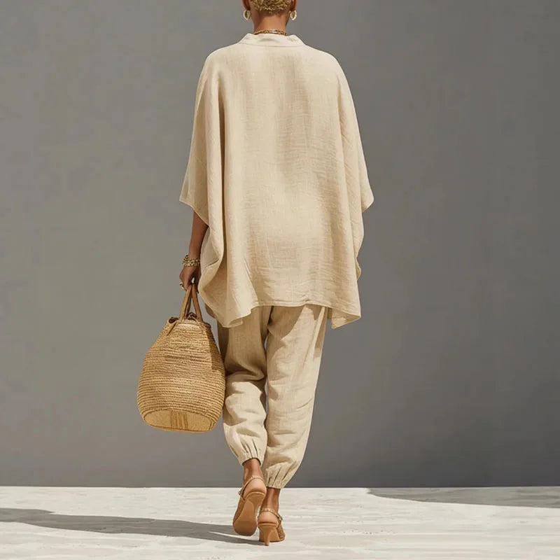 Damski luźny komplet lniany boho, stylizacja na modelce