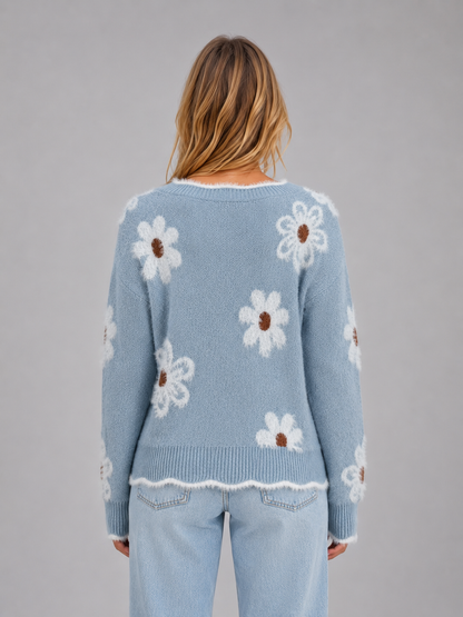 Damski sweter w kwiaty z dekoltem V zbliżenie na wzór