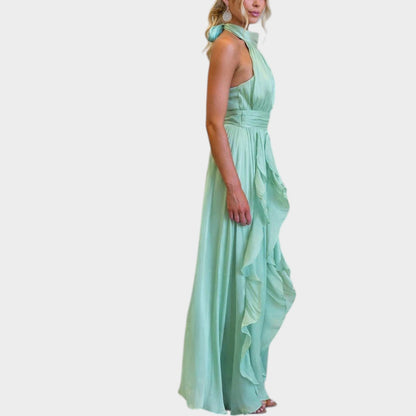 Elegancka sukienka maxi z falbanami i wiązaniem na szyi typu halter