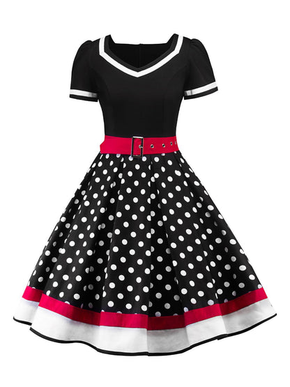 Wintage sukienka koktajlowa w grochy w stylu rockabilly z lat 50.