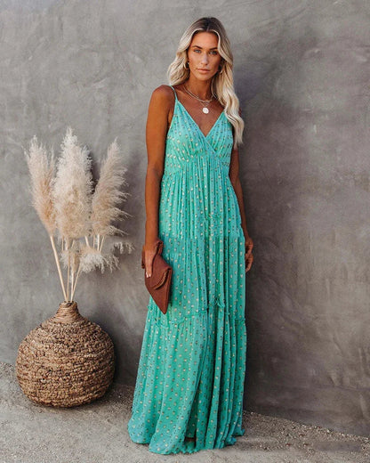 Boho chic zielona długa letnia sukienka