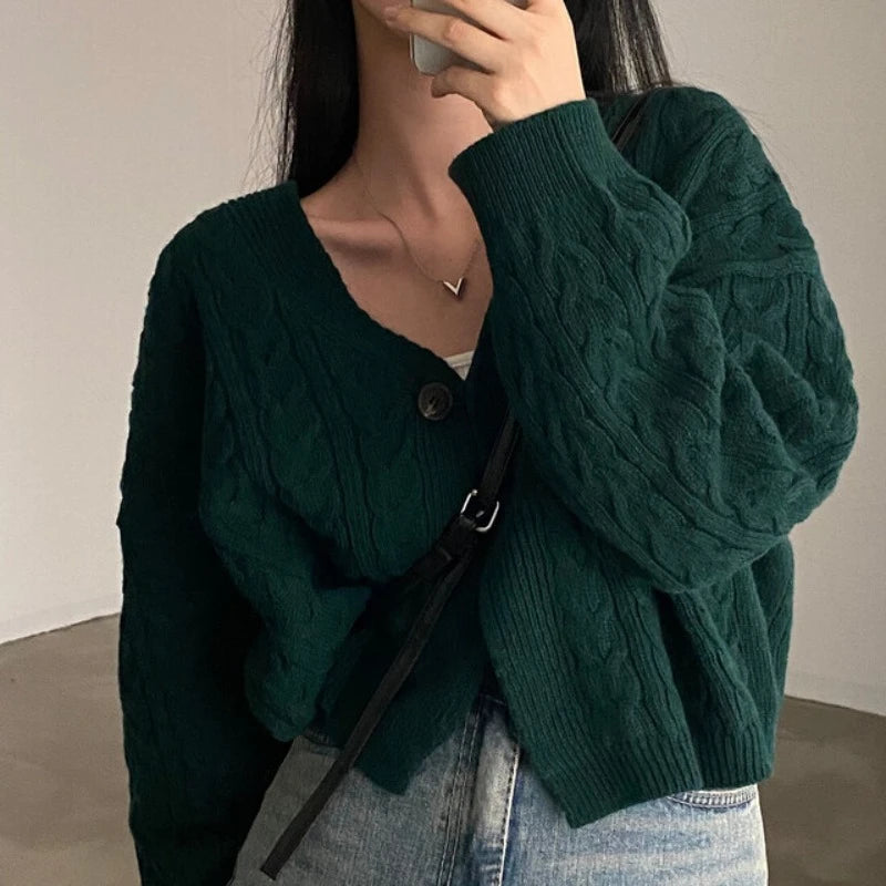 Damski vintage sweter z dzianiny warkoczowej z dekoltem w serek, luźny kardigan z dzianiny