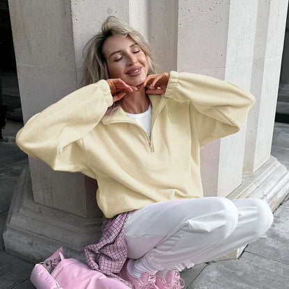 Damska bluza z polaru z kołnierzem typu stojak i zamkiem, luźna sweatshirt