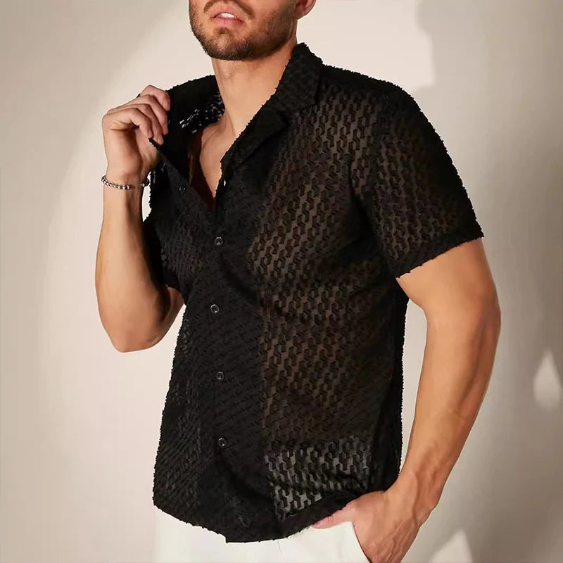Męska siateczkowa koszula slim fit z krótkim rękawem czarna