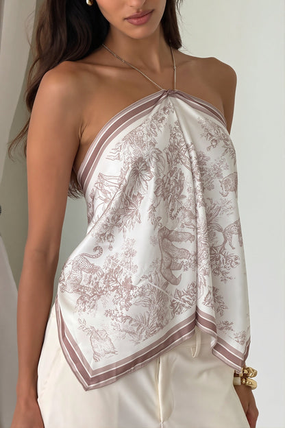 Damski top halter w kwiaty z wiązaniem na plecach, widok z tyłu