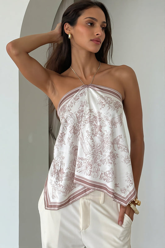 Damski top halter w kwiaty z wiązaniem na plecach, widok z przodu