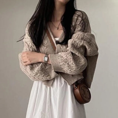 Damski vintage sweter z dzianiny warkoczowej z dekoltem w serek, luźny kardigan z dzianiny