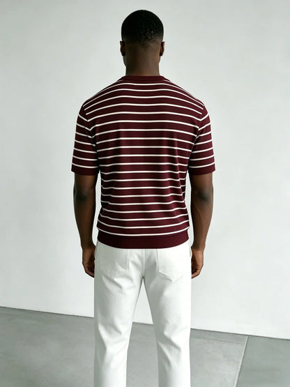 Męski T-shirt z poliestru w paski, kolor bordo