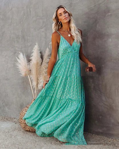 Boho chic zielona długa letnia sukienka