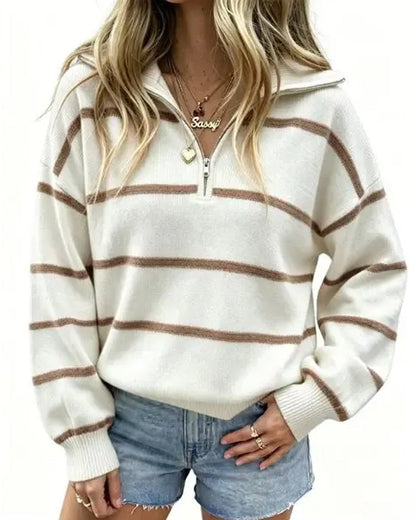 Sweter W Paski Z Zamkiem I Obniżoną Linią Ramion