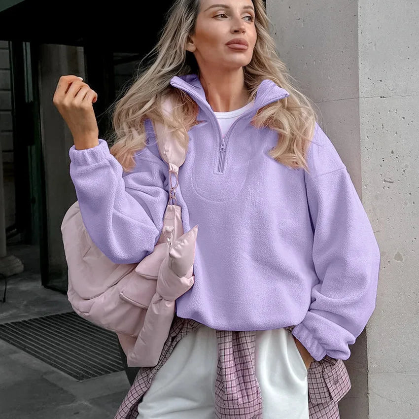 Damska bluza z polaru z kołnierzem typu stojak i zamkiem, luźna sweatshirt