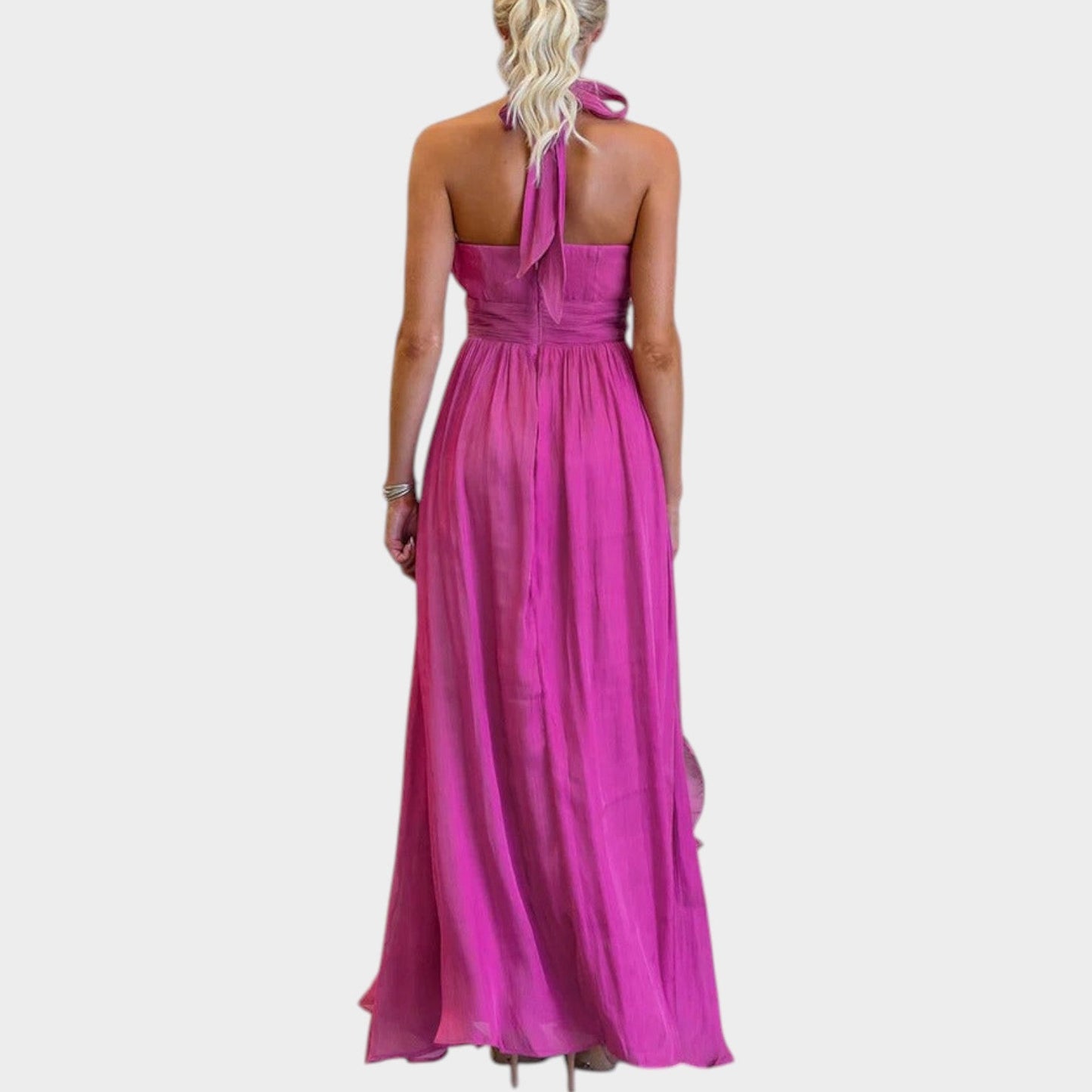 Elegancka sukienka maxi z falbanami i wiązaniem na szyi typu halter
