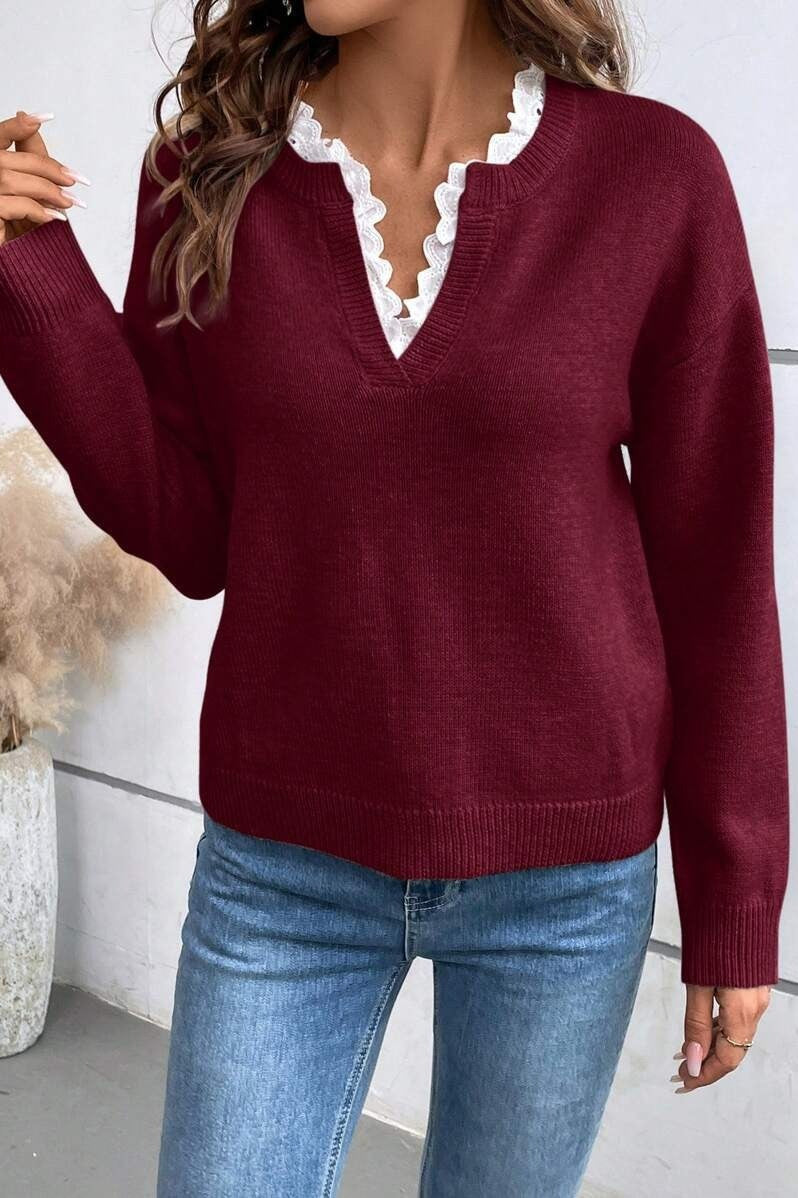 Koronkowy sweter damski z eleganckim dekoltem V
