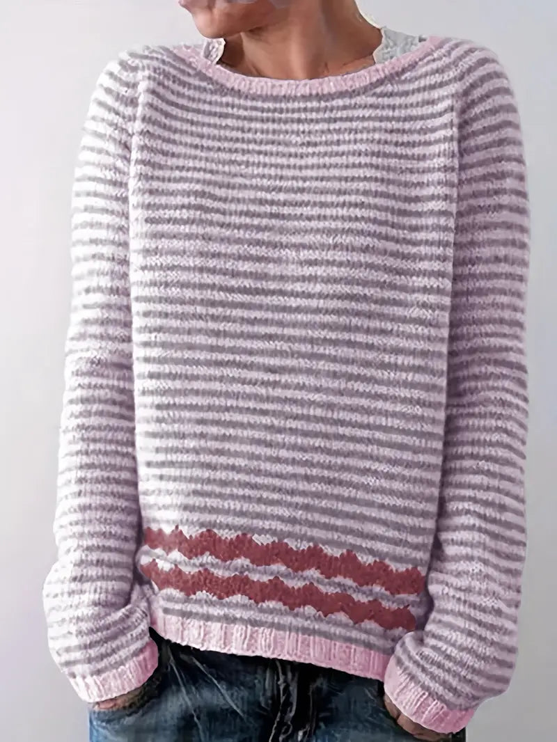 Damski dzianinowy sweter w paski z długimi rękawami