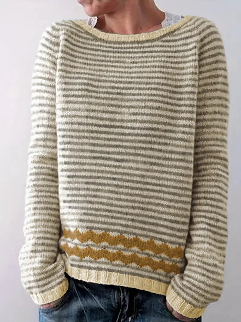 Damski Dzianinowy Sweter W Paski Wkładany Przez Głowę