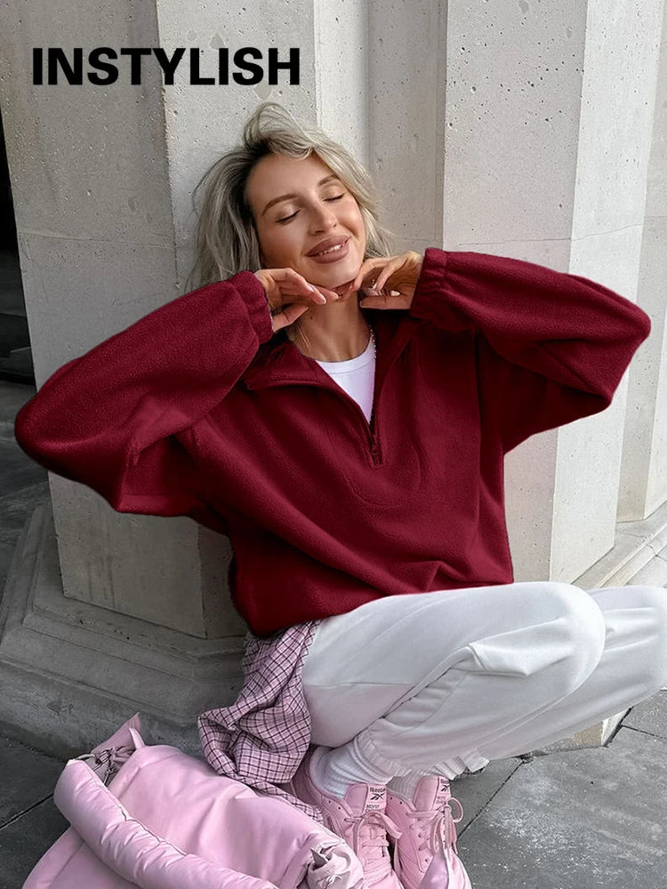 Damska bluza z polaru z kołnierzem typu stojak i zamkiem, luźna sweatshirt