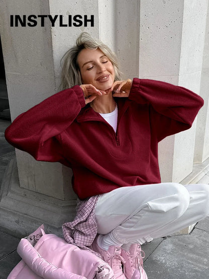 Damska bluza z polaru z kołnierzem typu stojak i zamkiem, luźna sweatshirt