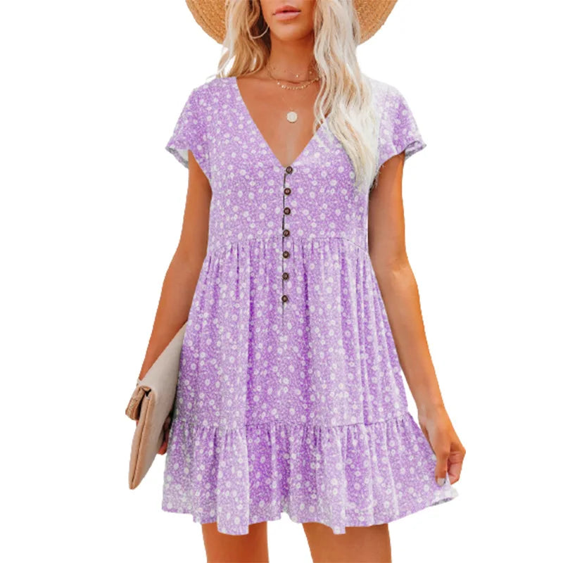 Letnia sukienka damska w kwiaty z dekoltem w serek, rozkloszowana, boho, mini