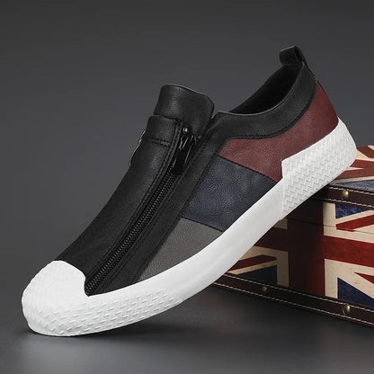 Zbliżenie na skórzane wykończenie męskich sneakersów colourblock