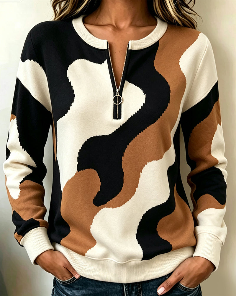 Bluza color block z dekoltem V i zamkiem – widok z przodu