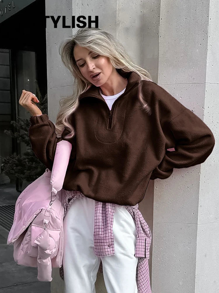 Damska bluza z polaru z kołnierzem typu stojak i zamkiem, luźna sweatshirt